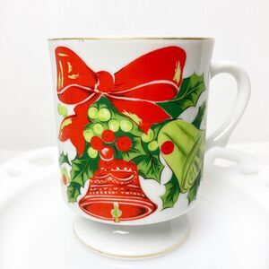 Lefton China Hand Painted Red Holly Bell Christmas Tea Cup Coffee Mug